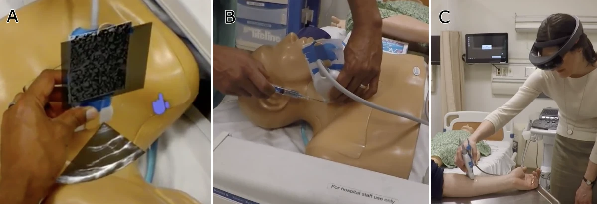 Three views of the situated ultrasound prototype: the AR headset view showing ultrasound overlaid on the phantom, an overview of the needle guidance task, and a student wearing the headset during training