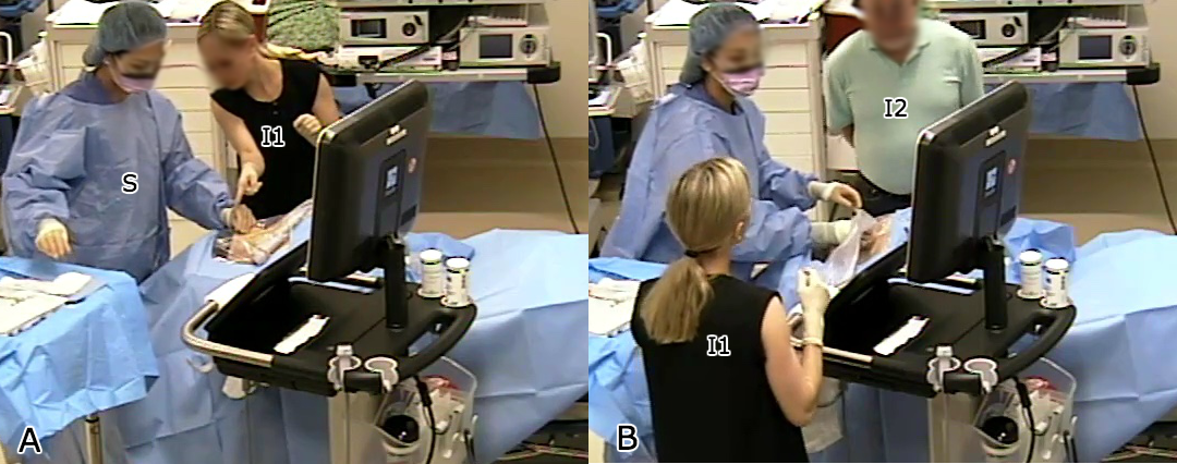 A student alternates their gaze between the procedure site on a phantom and the ultrasound monitor during a central line placement, while two instructors observe