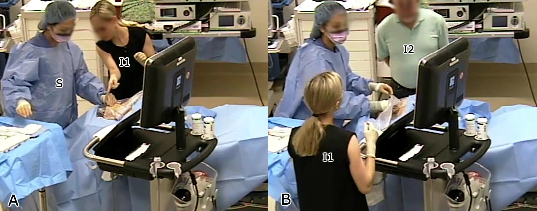 A student alternates their gaze between the procedure site on a phantom and the ultrasound monitor during a central line placement, while two instructors observe