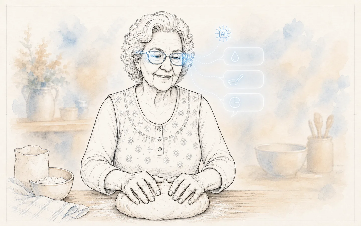 Grandma kneading dough as an AI apprentice asks about water, ingredients, and timing.
